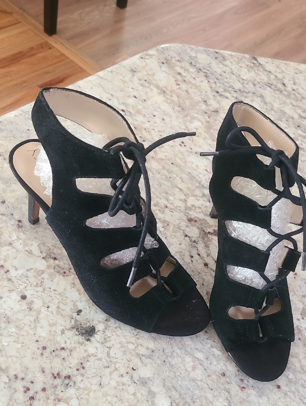Black Lace-Up Suede Peep-Toe Heels - Women
